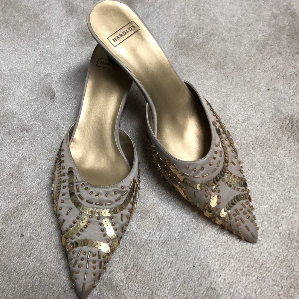 Gold beaded kitten heel shoes
